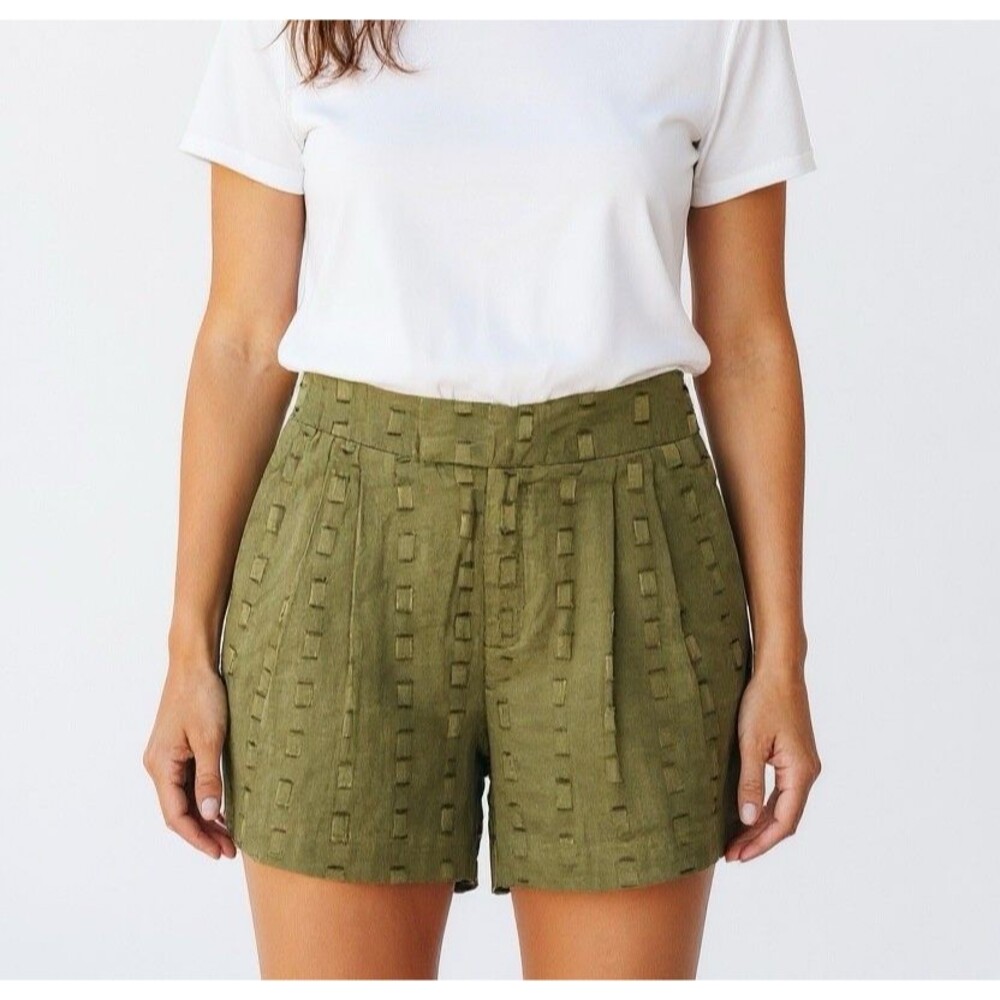 NEW Never A Wallflower Willa Geo Shorts Women XS Olive Green Metallic Pleated